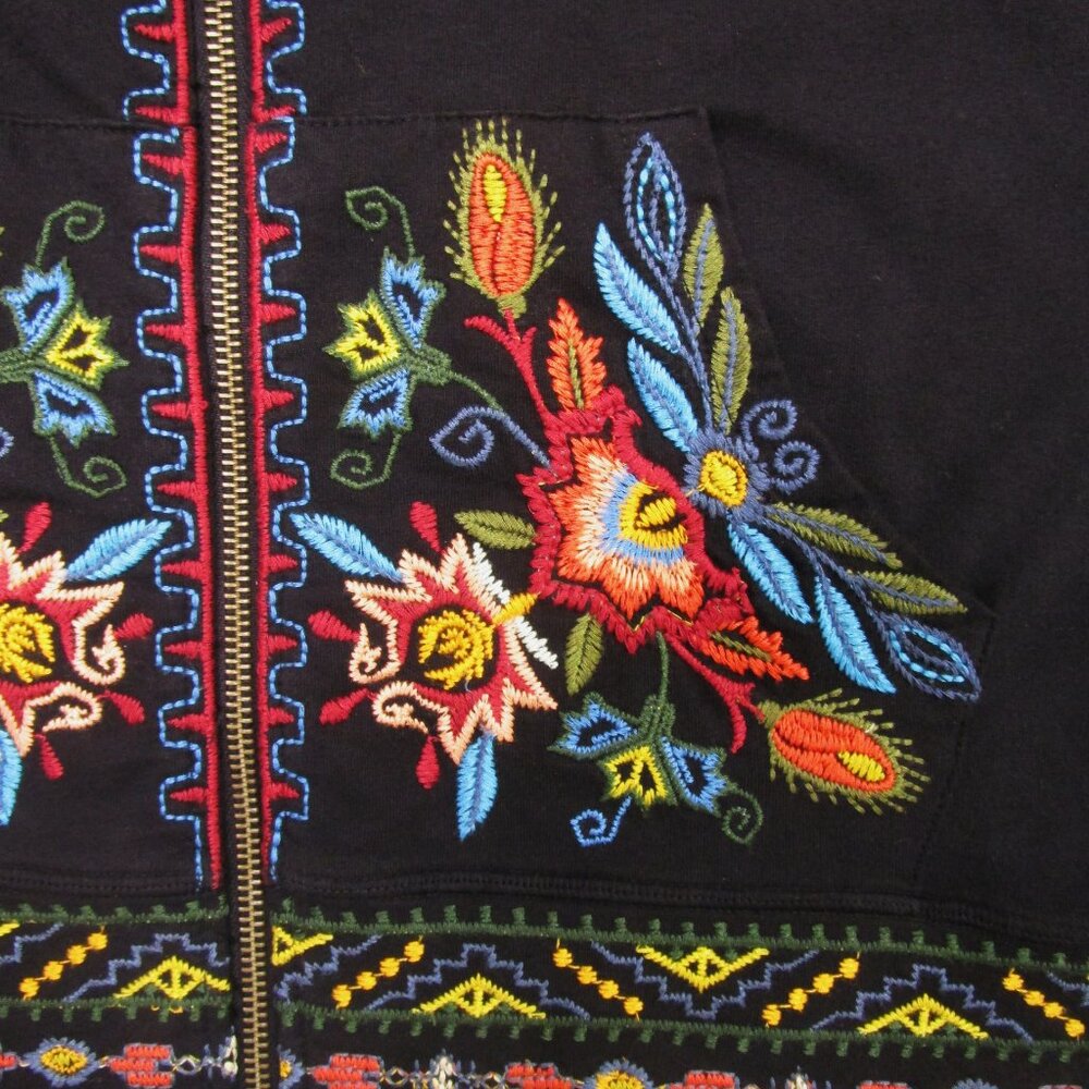 Black Hoodie Full Zip Embroidery Boho Kangaroo Pocket - Picture 4 of 12
